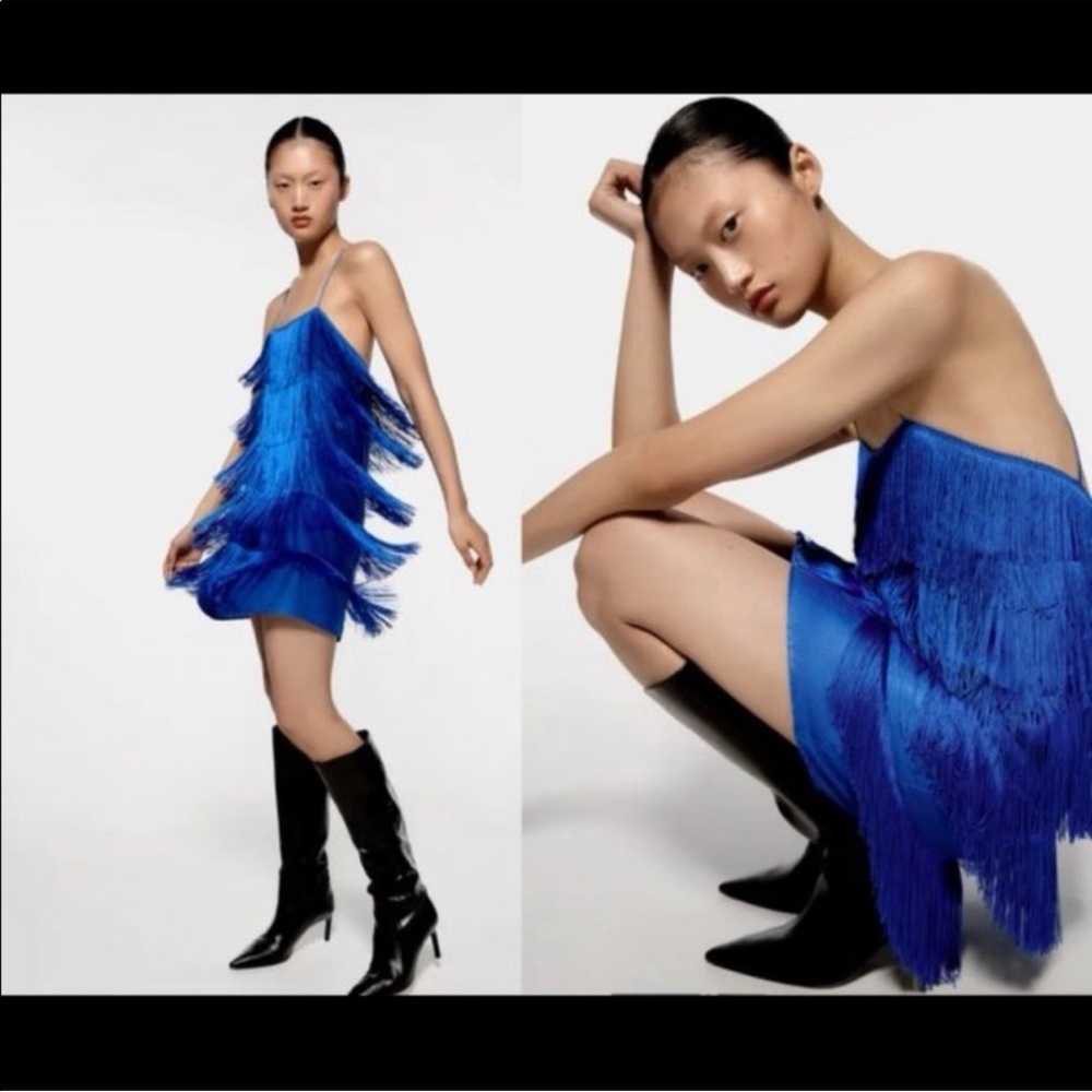 Zara Women’s Blue Fringe Mini Dress Sz S NWT Maximalism Holiday Cocktail Party